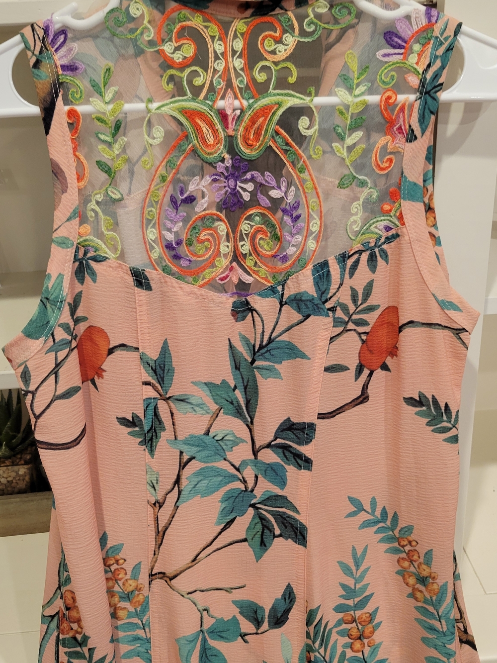 Soft Surroundings Peach Maxi Dress with Blue & Teal Botanical Bird Print - Picture 2 of 6